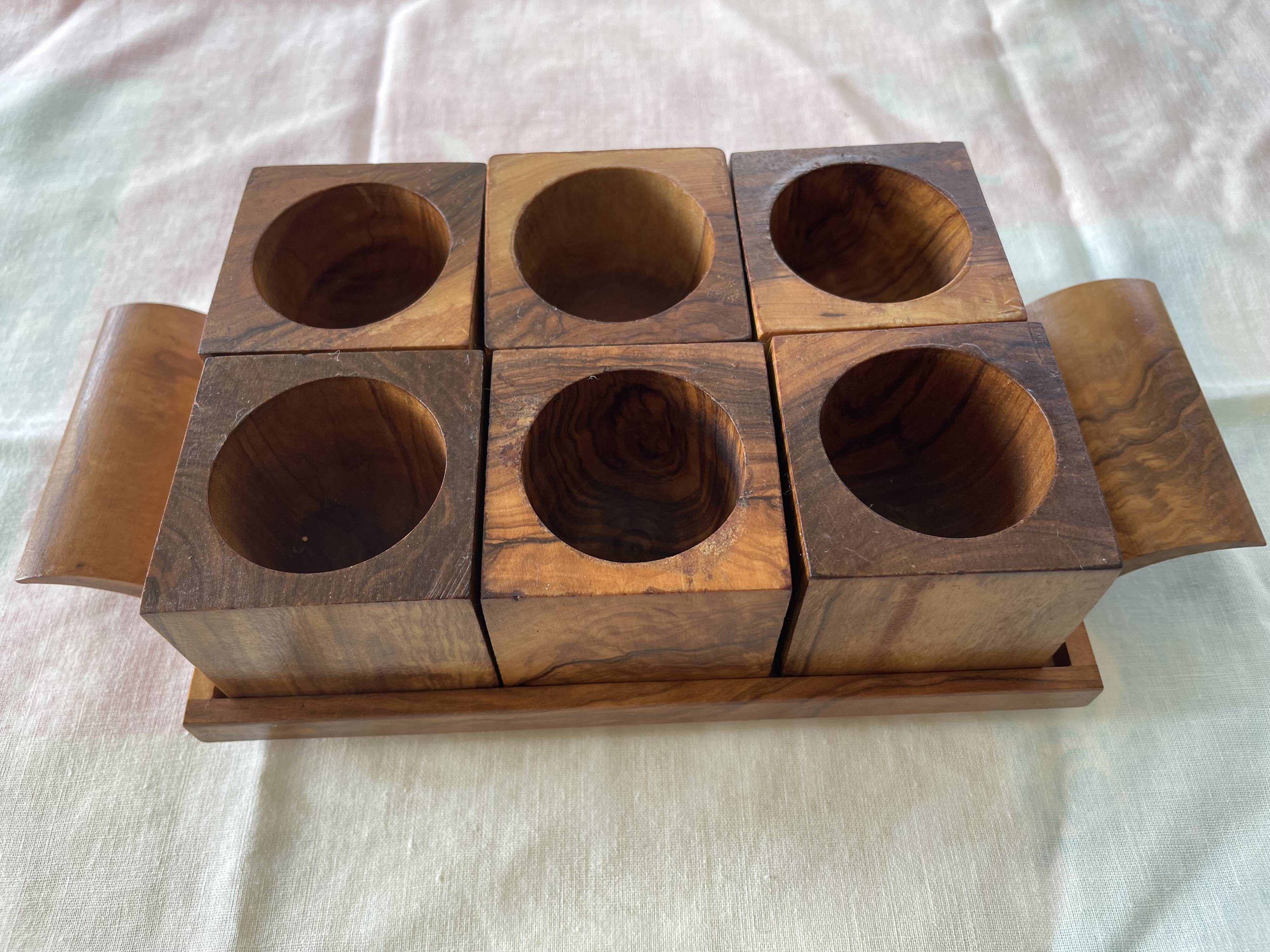 6 cube egg cups on tray with handles Olive wood Vintage 1970