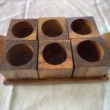 6 cube egg cups on tray with handles Olive wood Vintage 1970
