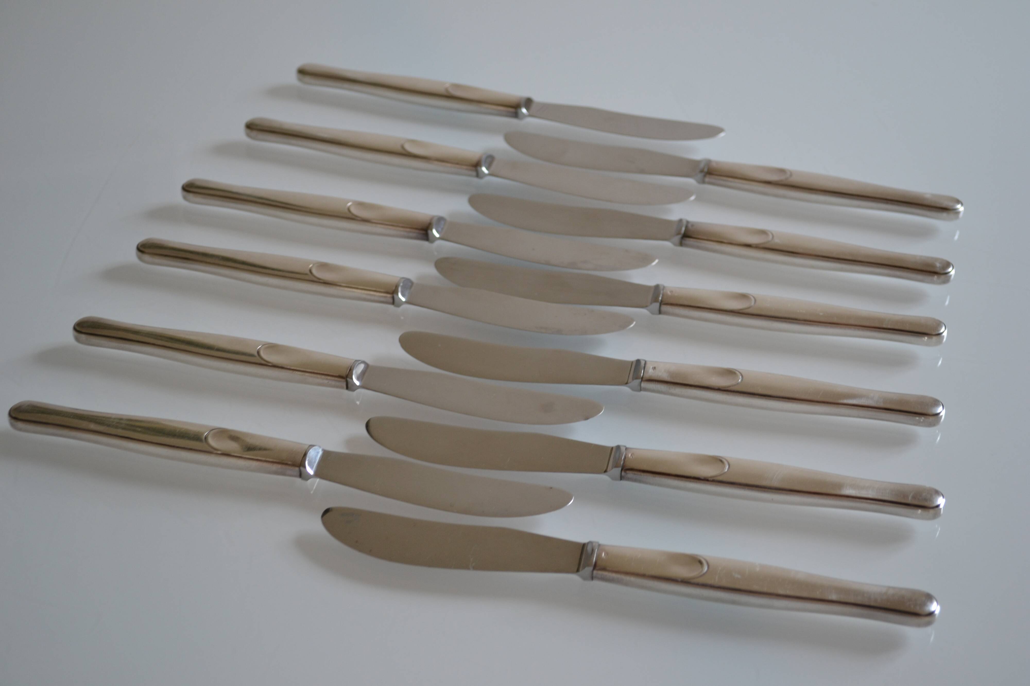 12 table knives silver metal handles & stainless steel blades 22 cm