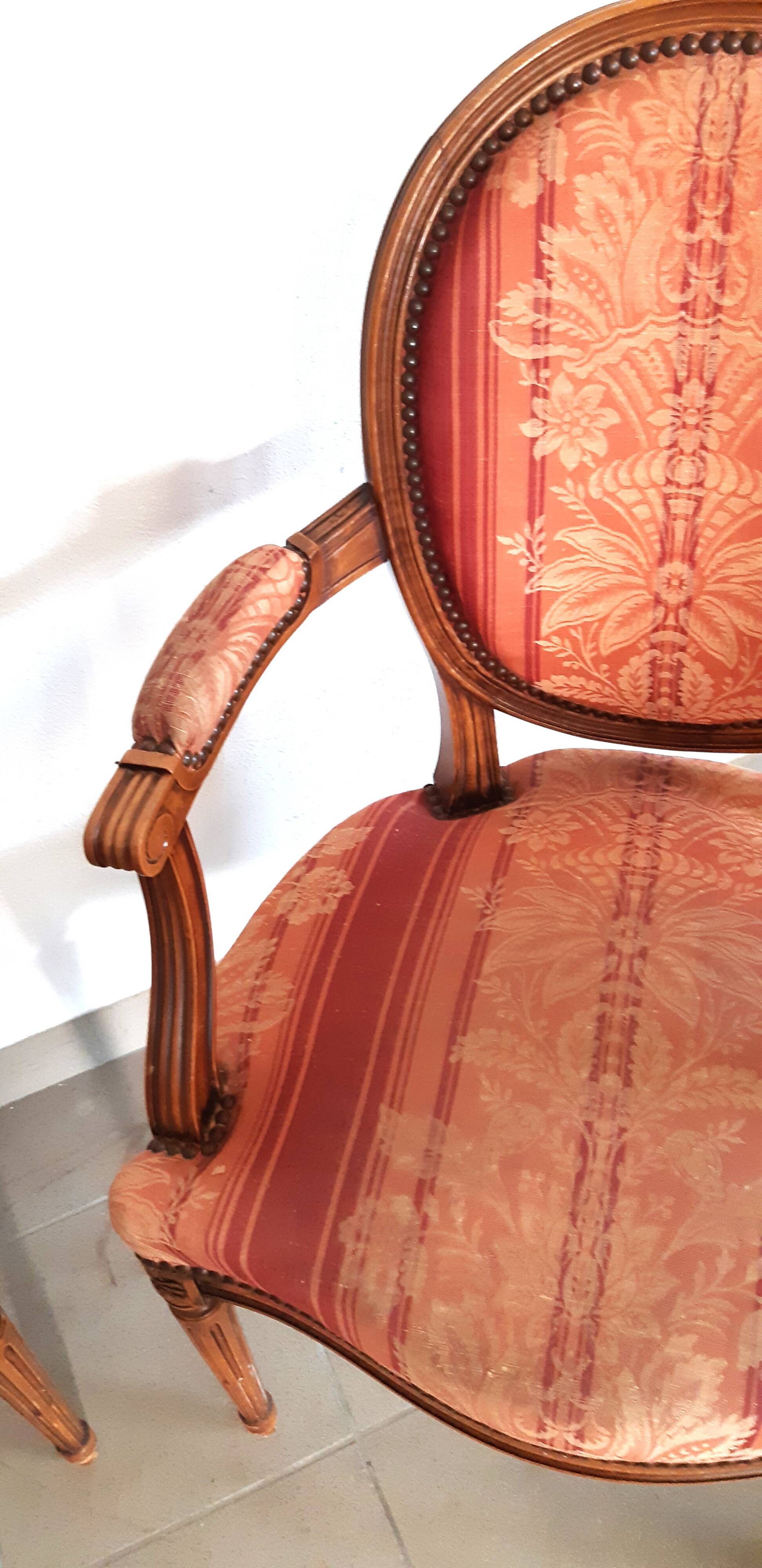 Pair of Louis XVI style cabriolet armchairs with medallion