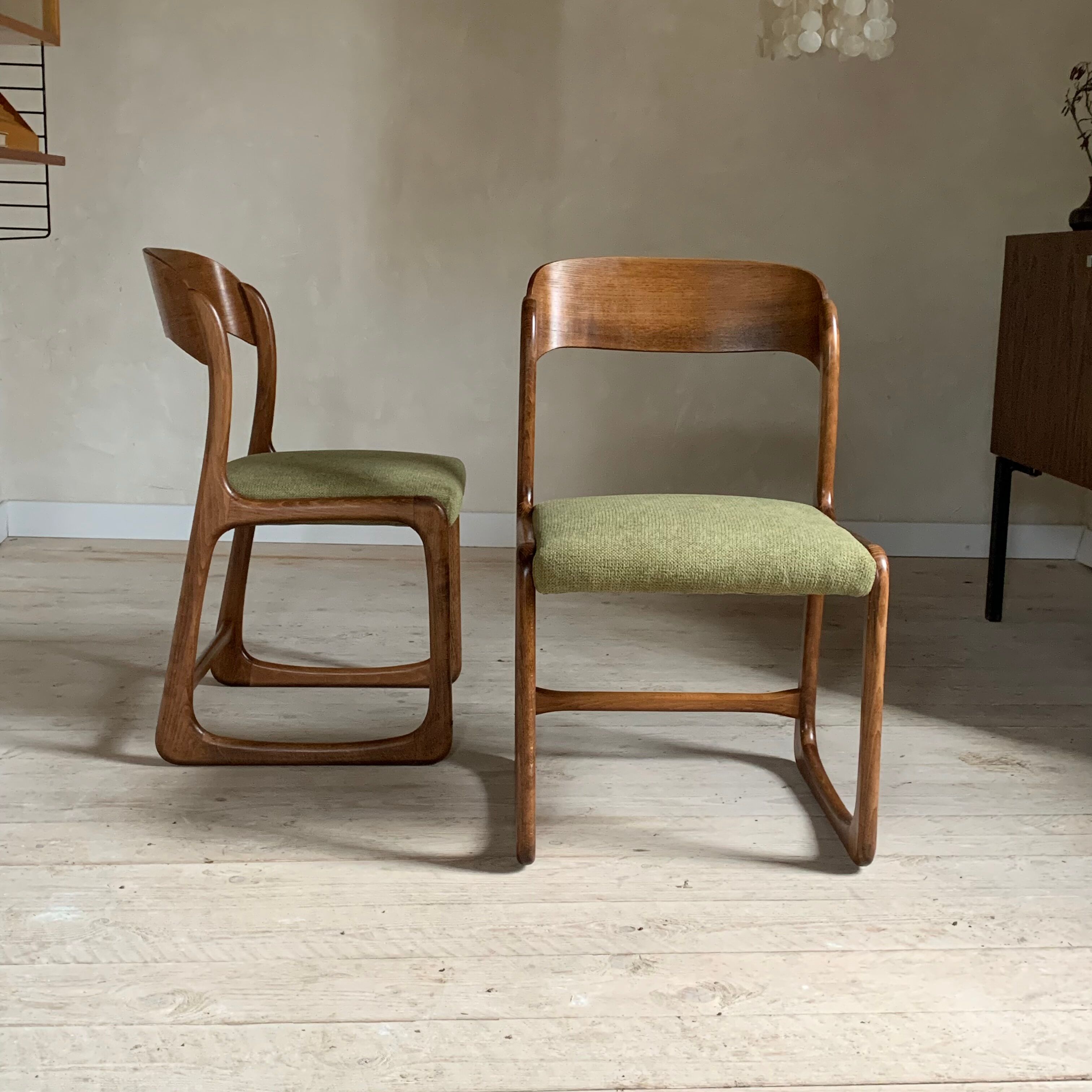 Baumann vintage sled chairs in ash and linden green velvet fabric