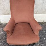 Antique brown velvet tub chair – turned legs and brass rings.