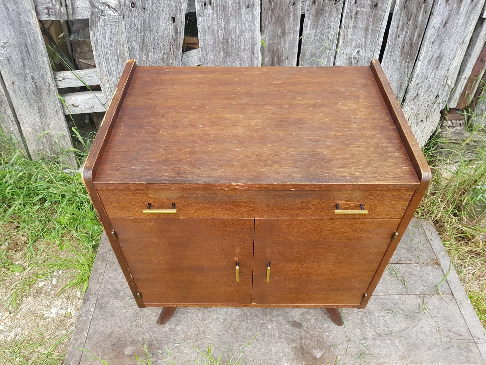 Old Chest of Drawers Drawer + Doors Wood Feet Compass 70s Vintage