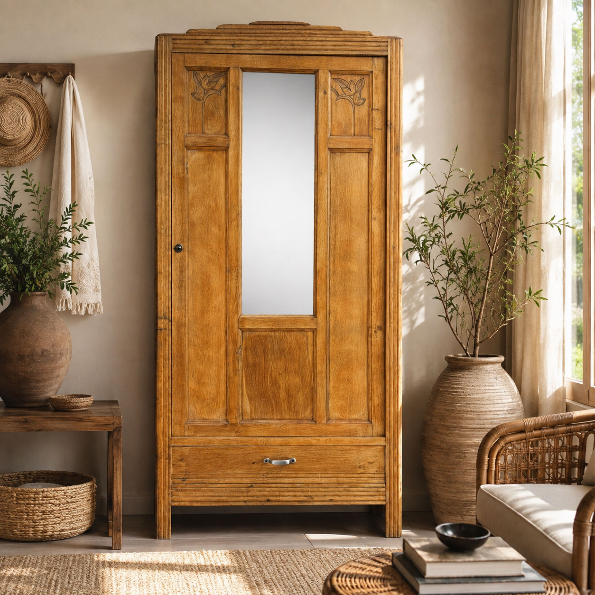 Parisian Art Deco wardrobe in raw oak, renovated.