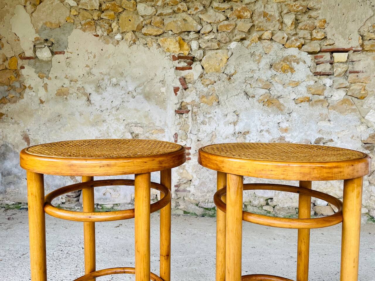 Pair of vintage bar stools, curved wood and cane