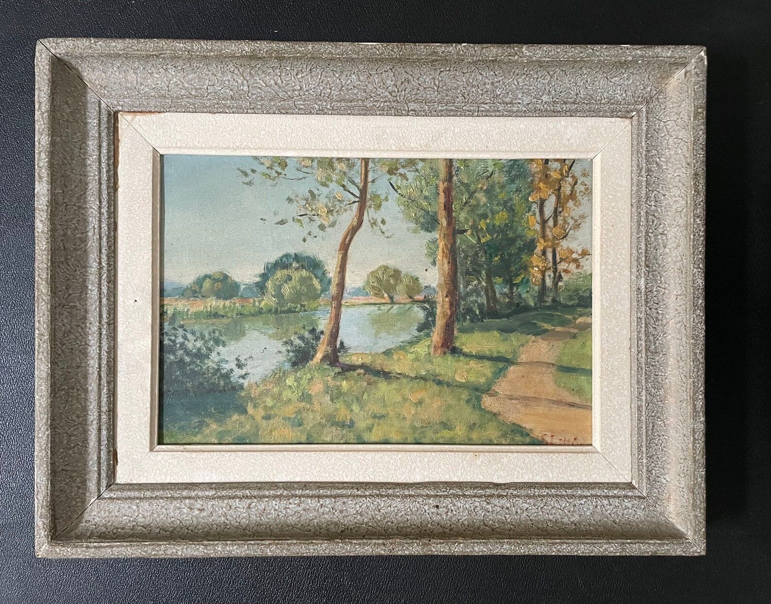 1940s French Landscape oil painting on canvas River, trees and path