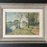 1940s French Landscape oil painting on canvas River, trees and path