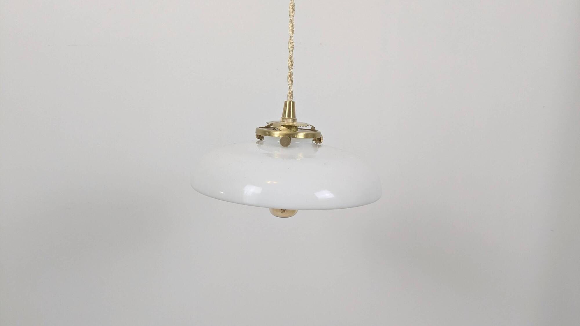Vintage suspension in white opaline with a bulged shape – 1960s lampshade, brass.