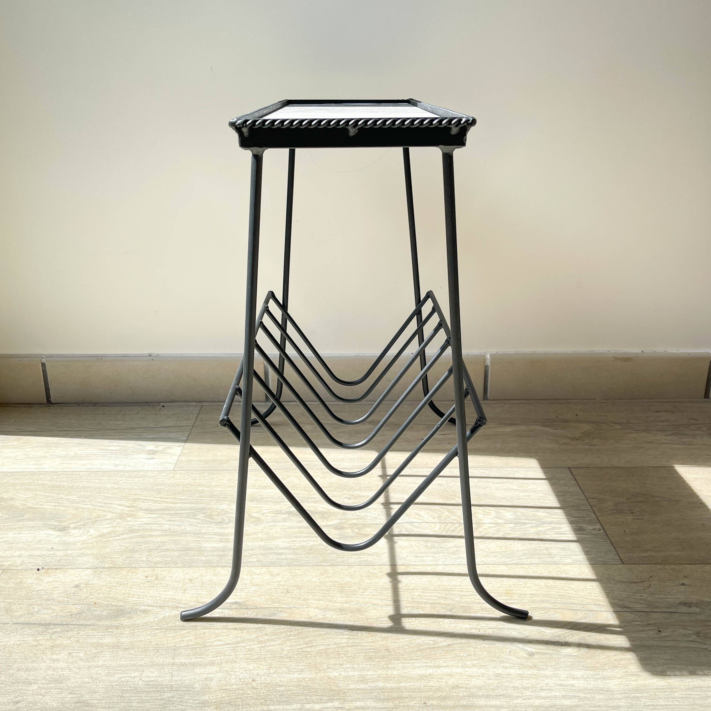 Table d'appoint range vinyles vintage métal marbre