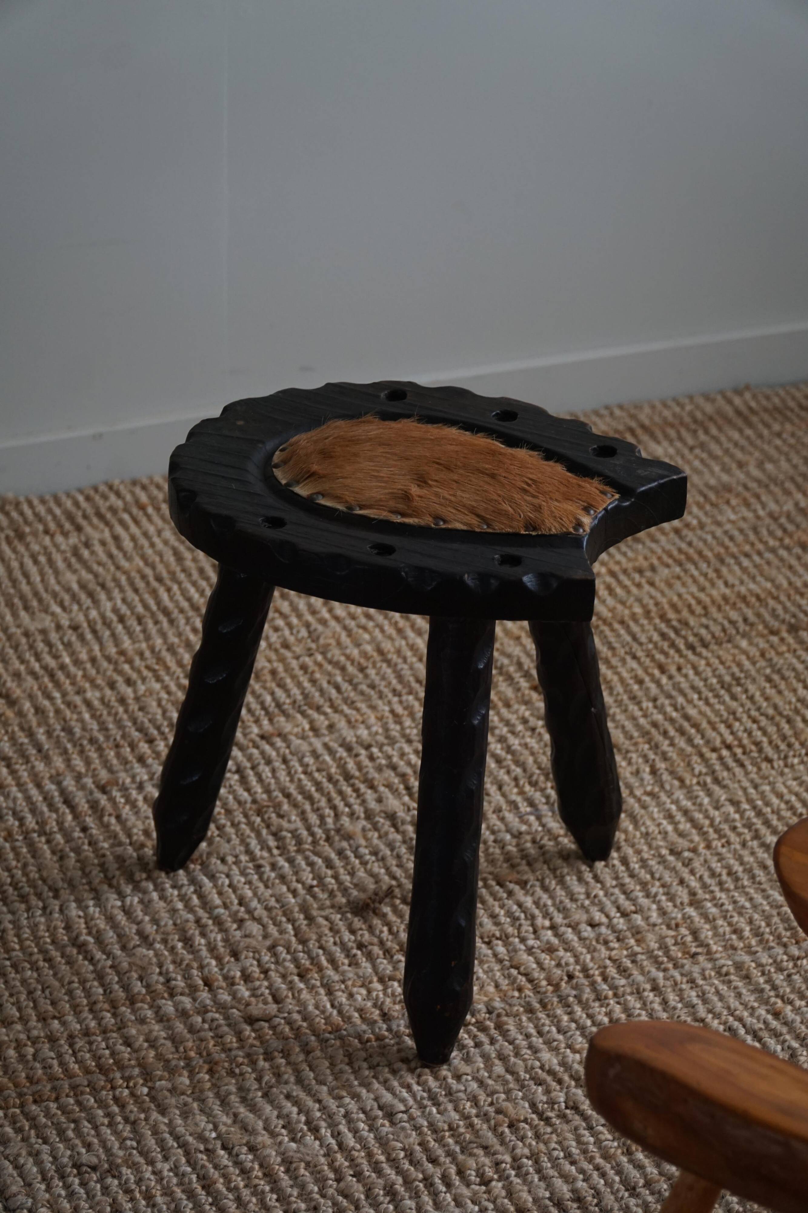 Swedish tripod stool in pine and cowhide, Wabi Sabi, 1950s