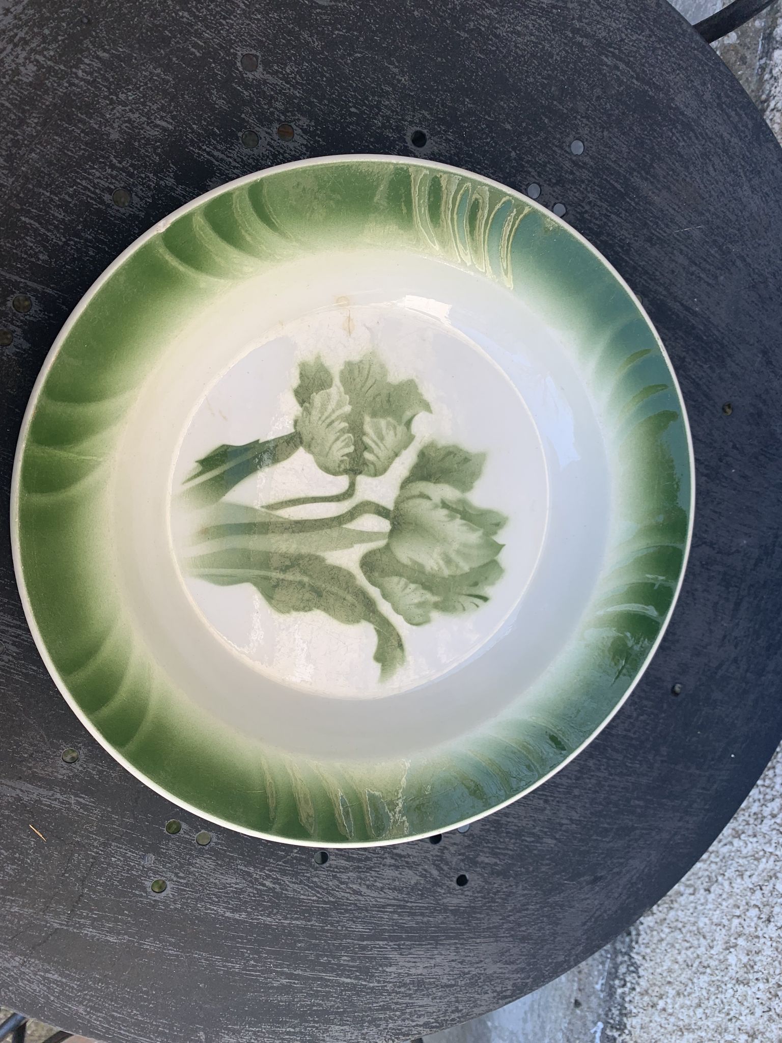 Hollow dish pattern green tulips longwy france old