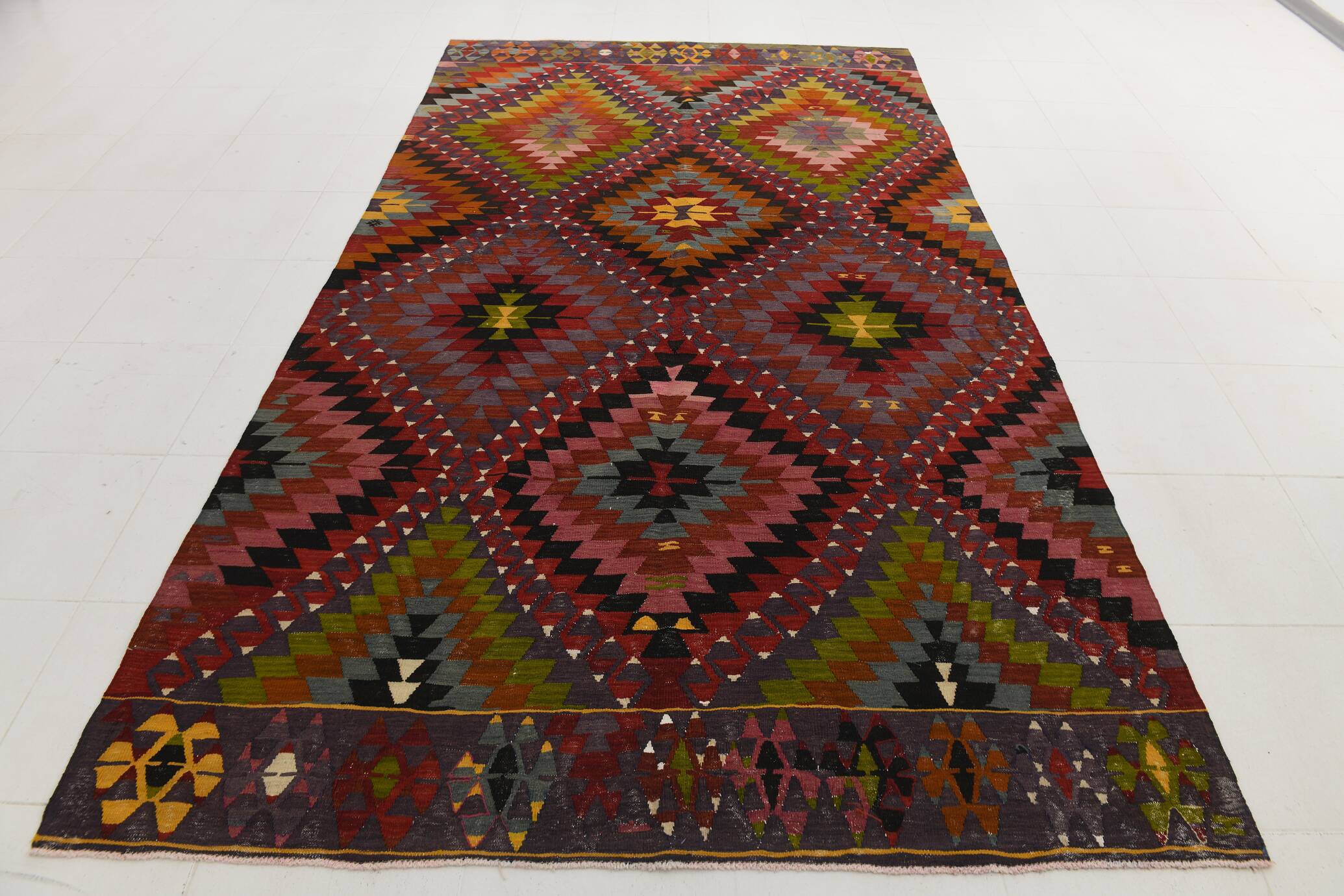 Geometric Pattern Burgundy  Turkish Vintage Kilim Rug, 188x338 Cm