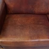 Sheepskin Leather Art Deco Design 2-Seater Sofa with Wooden Details