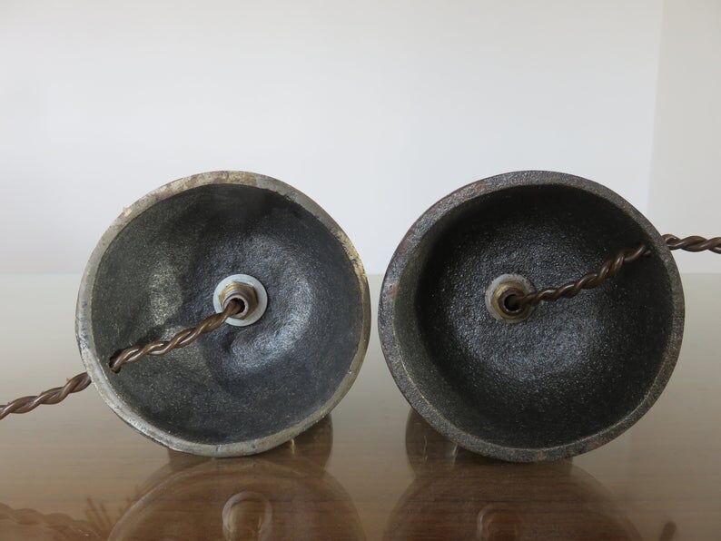 Pair of hammered raw steel and leather lamps 40 50s