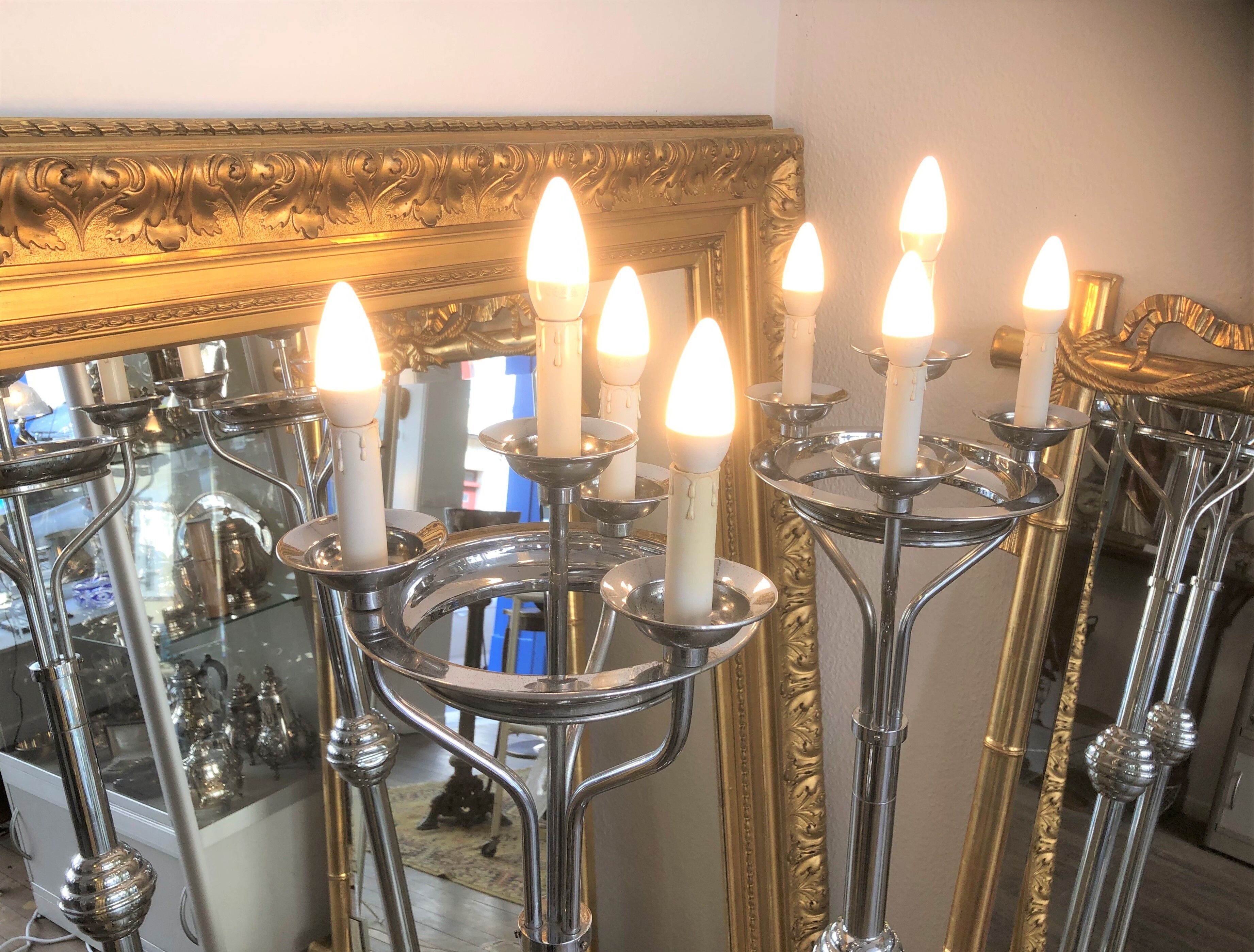 Pair of chrome metal flashlights, circa 1970, 8 lights, 160 cm