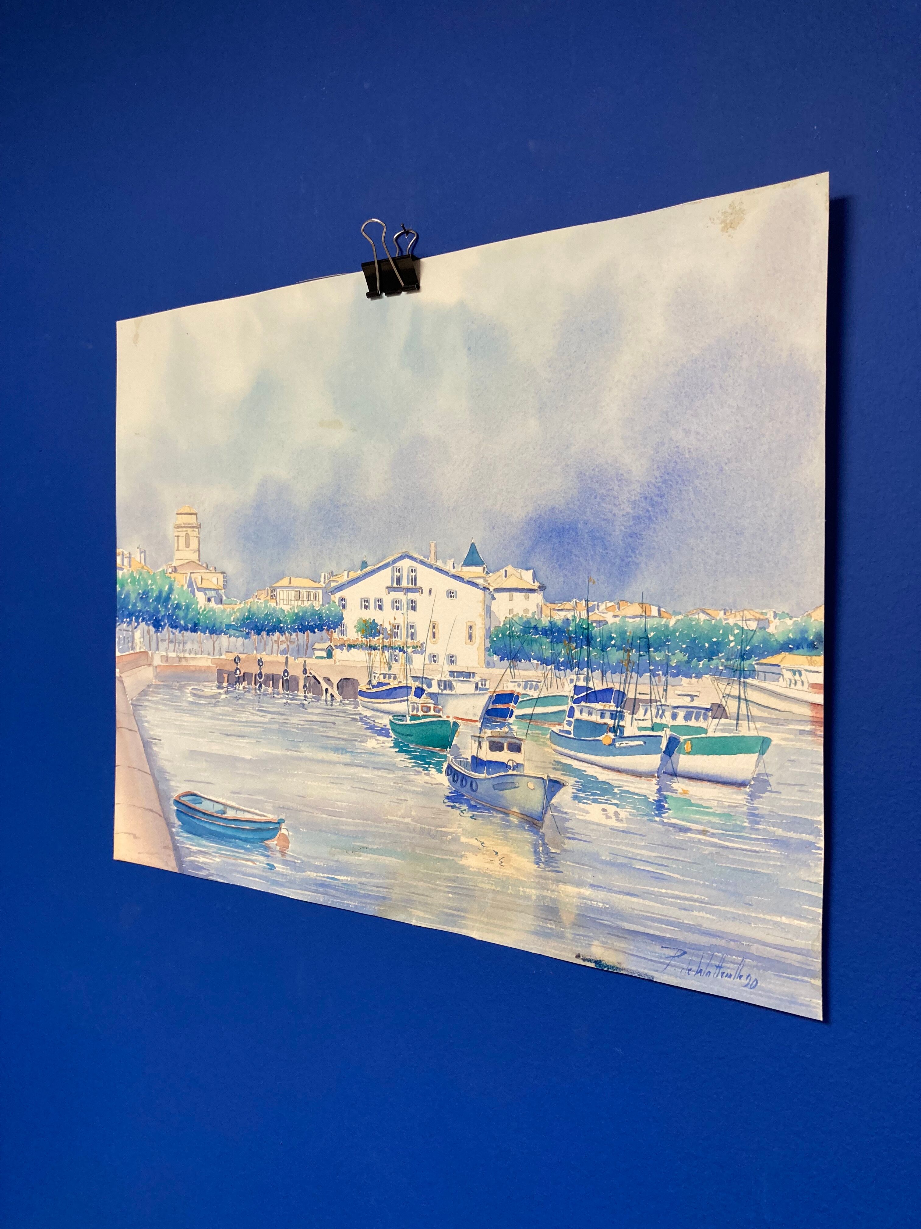 Aquarelle Marine Vintage Port de Saint-Jean-de-Luz