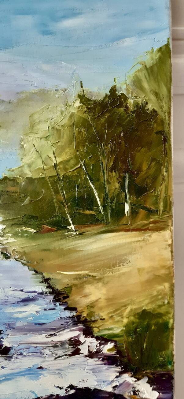 Painting oil on canvas landscape river mountains vintage