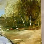 Painting oil on canvas landscape river mountains vintage