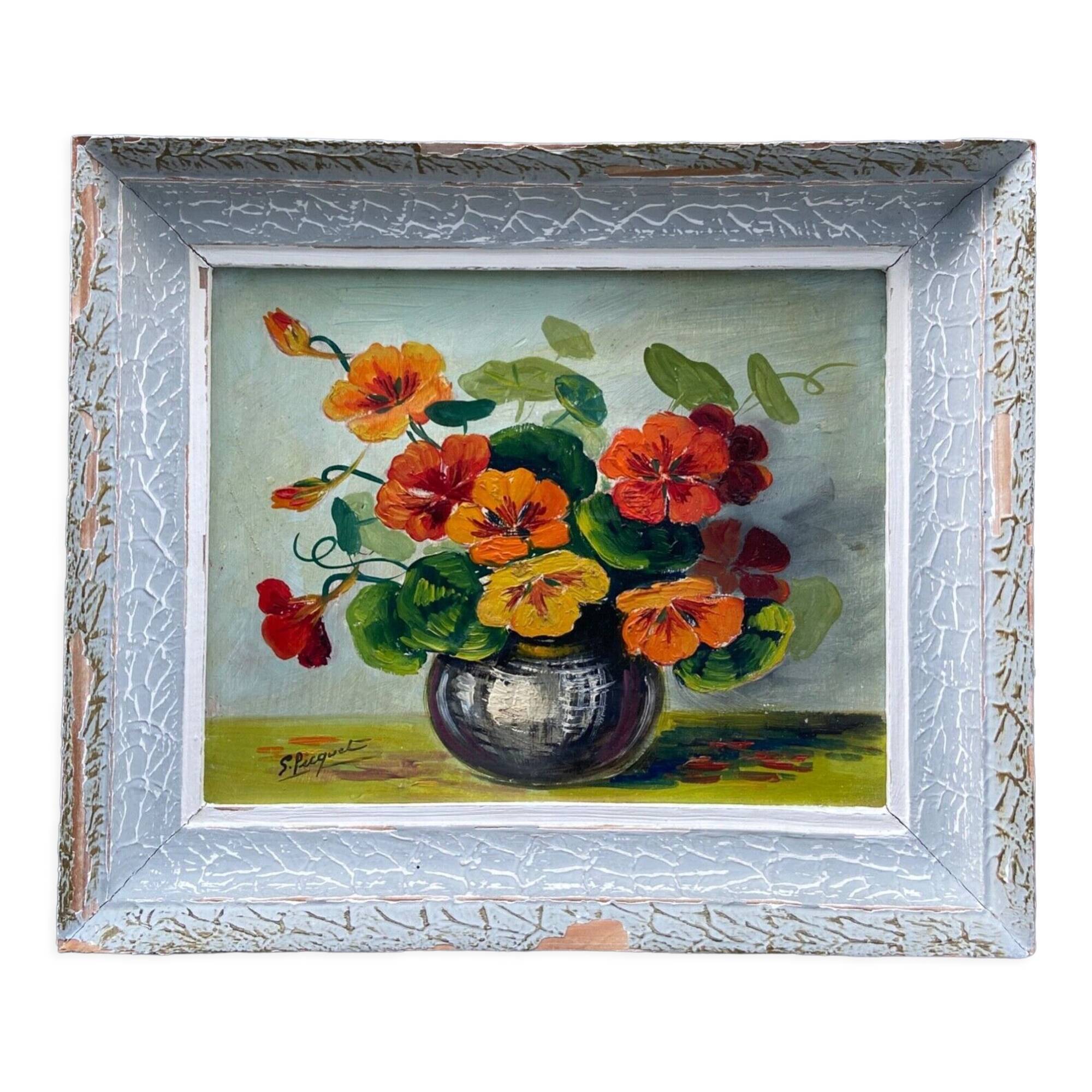 Oil on panel by S.Picquet bouquet of flowers still life XXe