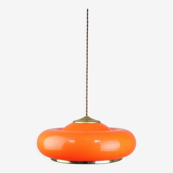 Space-age orange brass and plexiglass pendant lamp 70s