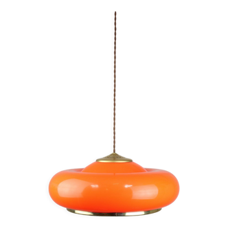 Space-age orange brass and plexiglass pendant lamp 70s