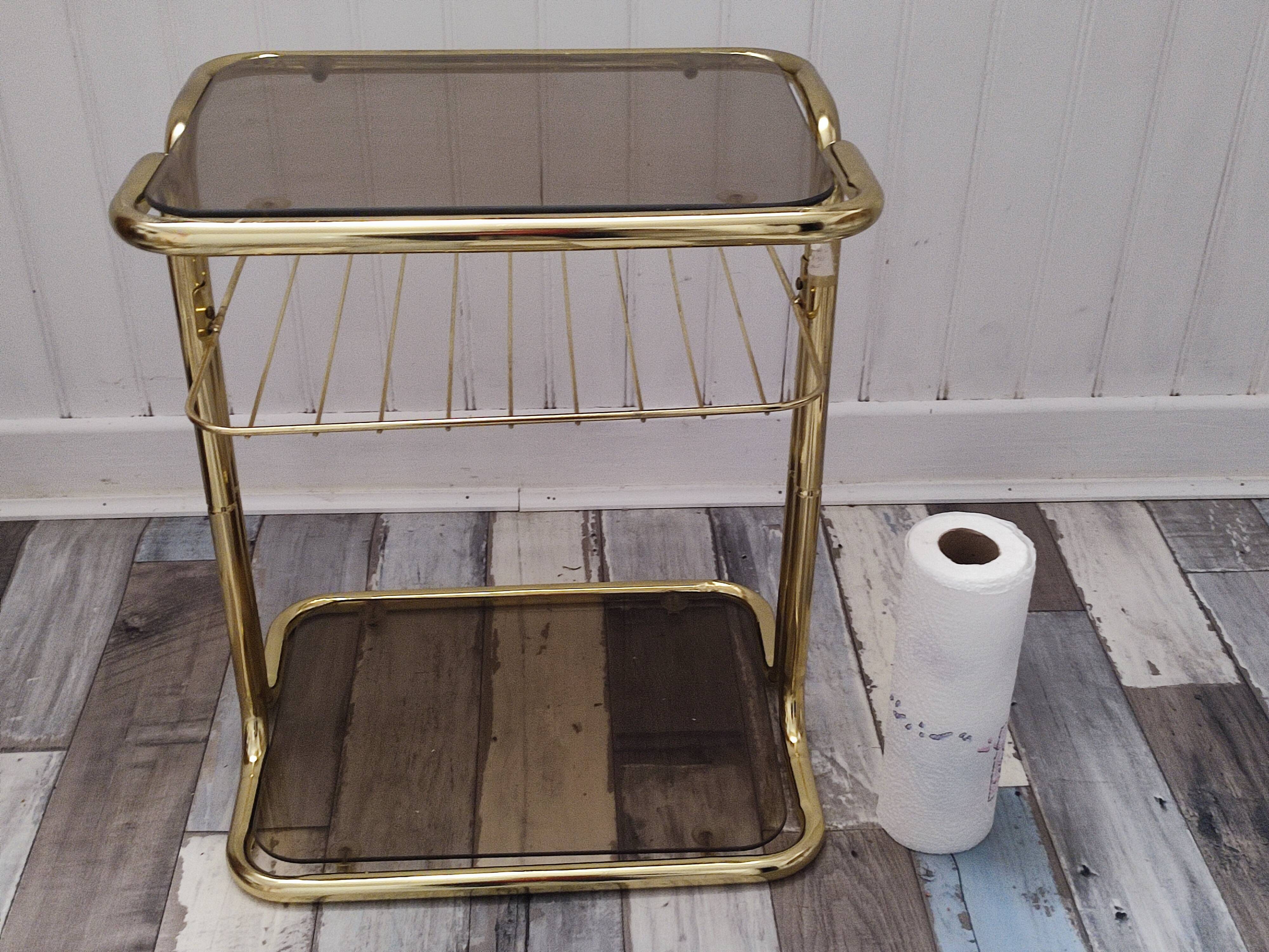 Pair of vintage smoked glass and brass bedside tables