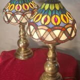 Pair of antique brass lamps with glass in Tiffany style.