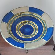 Moroccan dish polychrome faience and silver metal signed