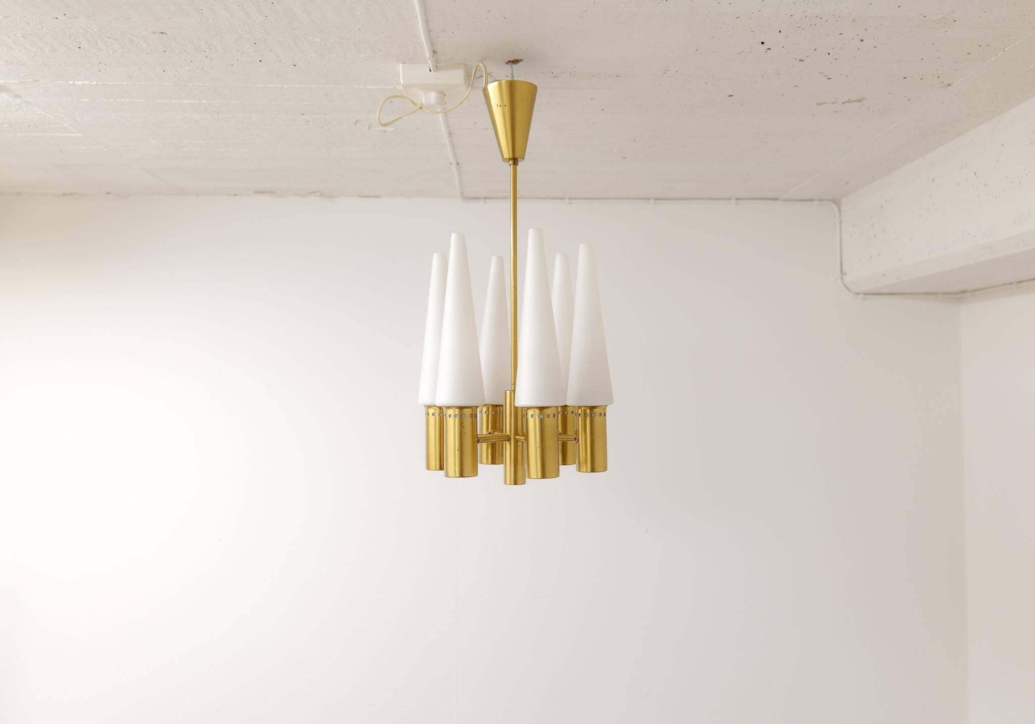Midcentury brass and opaline ceiling lamp by Hans-Agne Jakobsson, Sweden, 1950s.