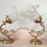 Pair of brass wall sconces and glass tulip, art nouveau style