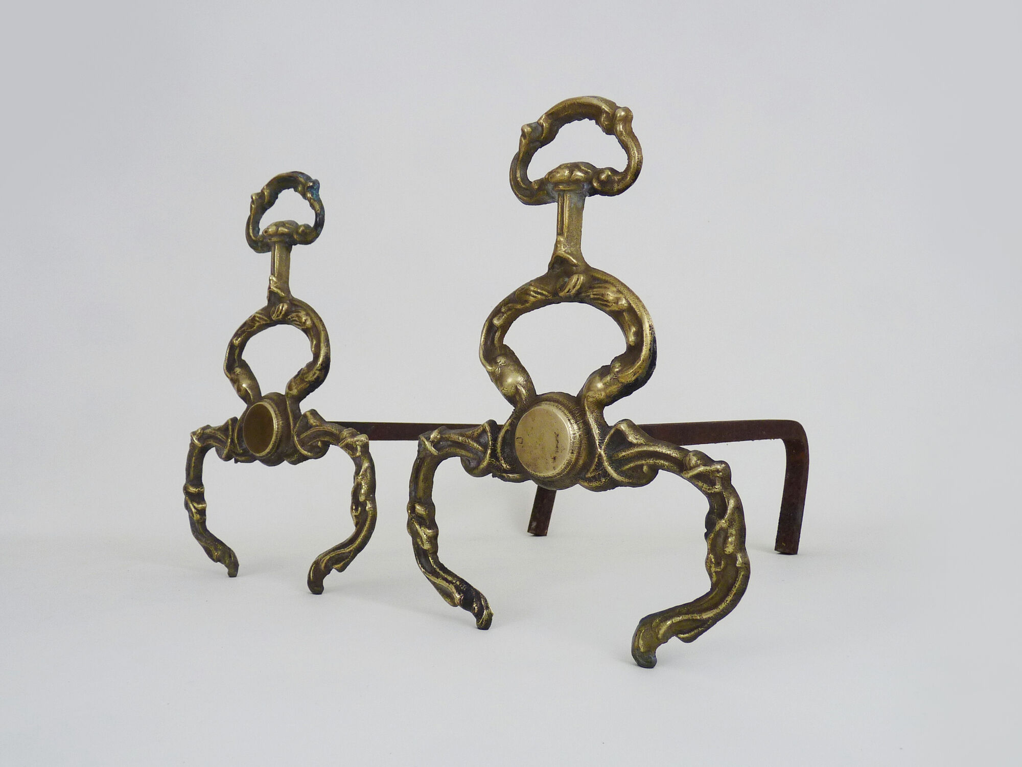 Old pair of chenets, fire dog in bronze and French neoclassical cast iron