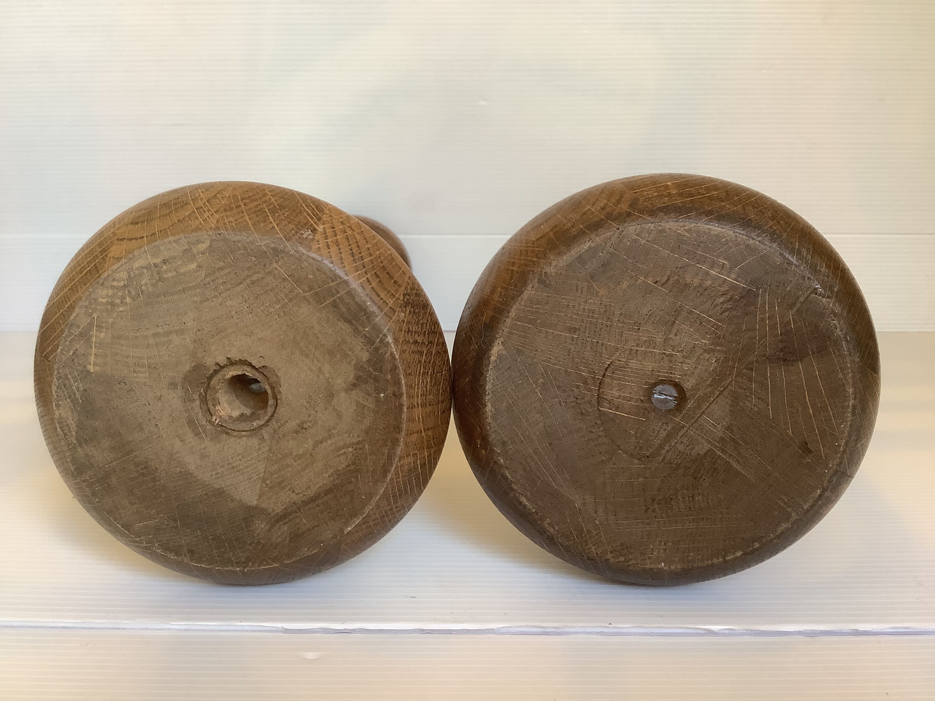 Pair old large wooden candle holders brutalist