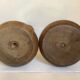 Pair old large wooden candle holders brutalist
