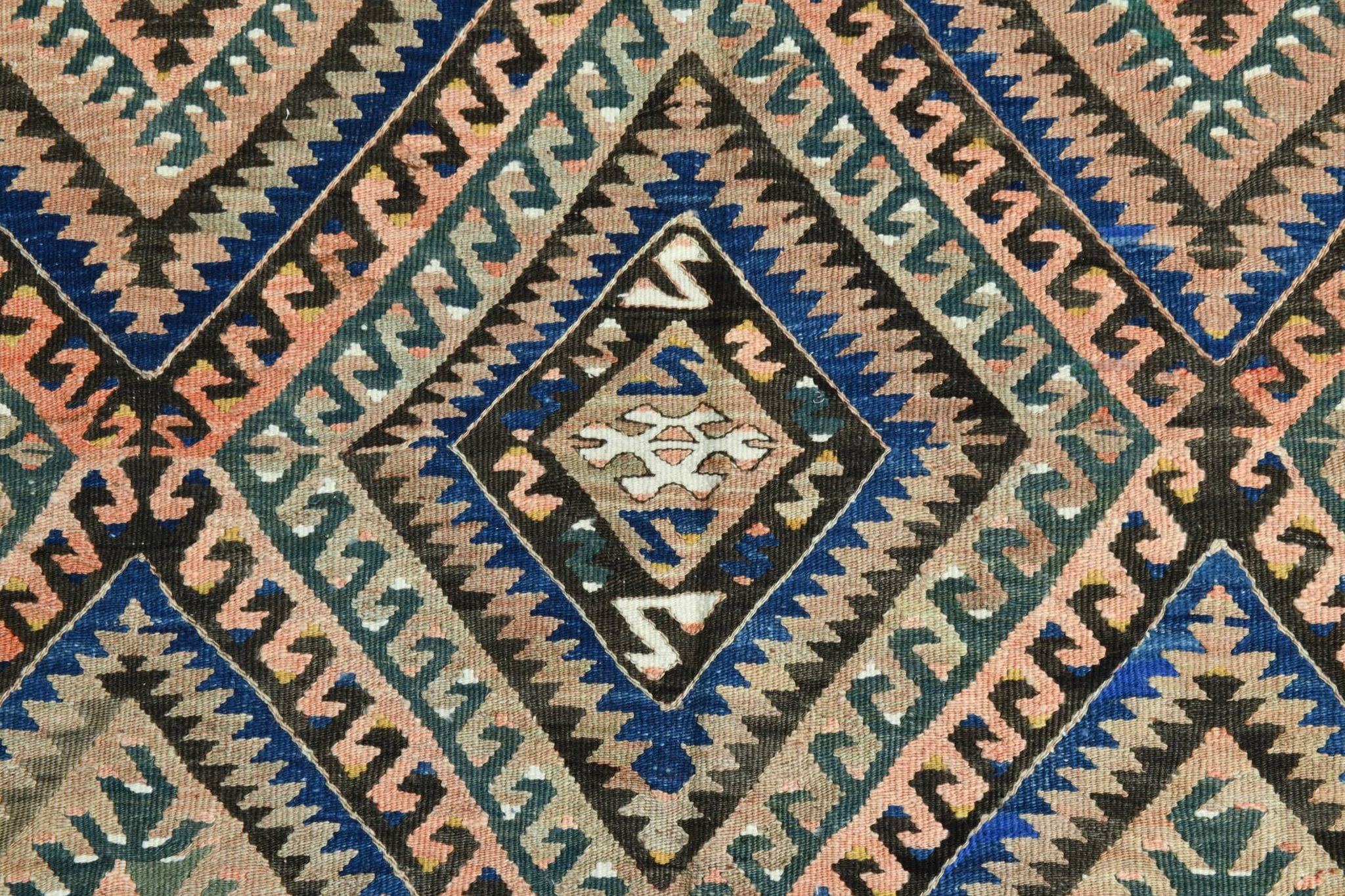 5x9 Kilim Anatolian Carpet, Handwoven Wool Rug, Blue Details Rug, 154x275Cm