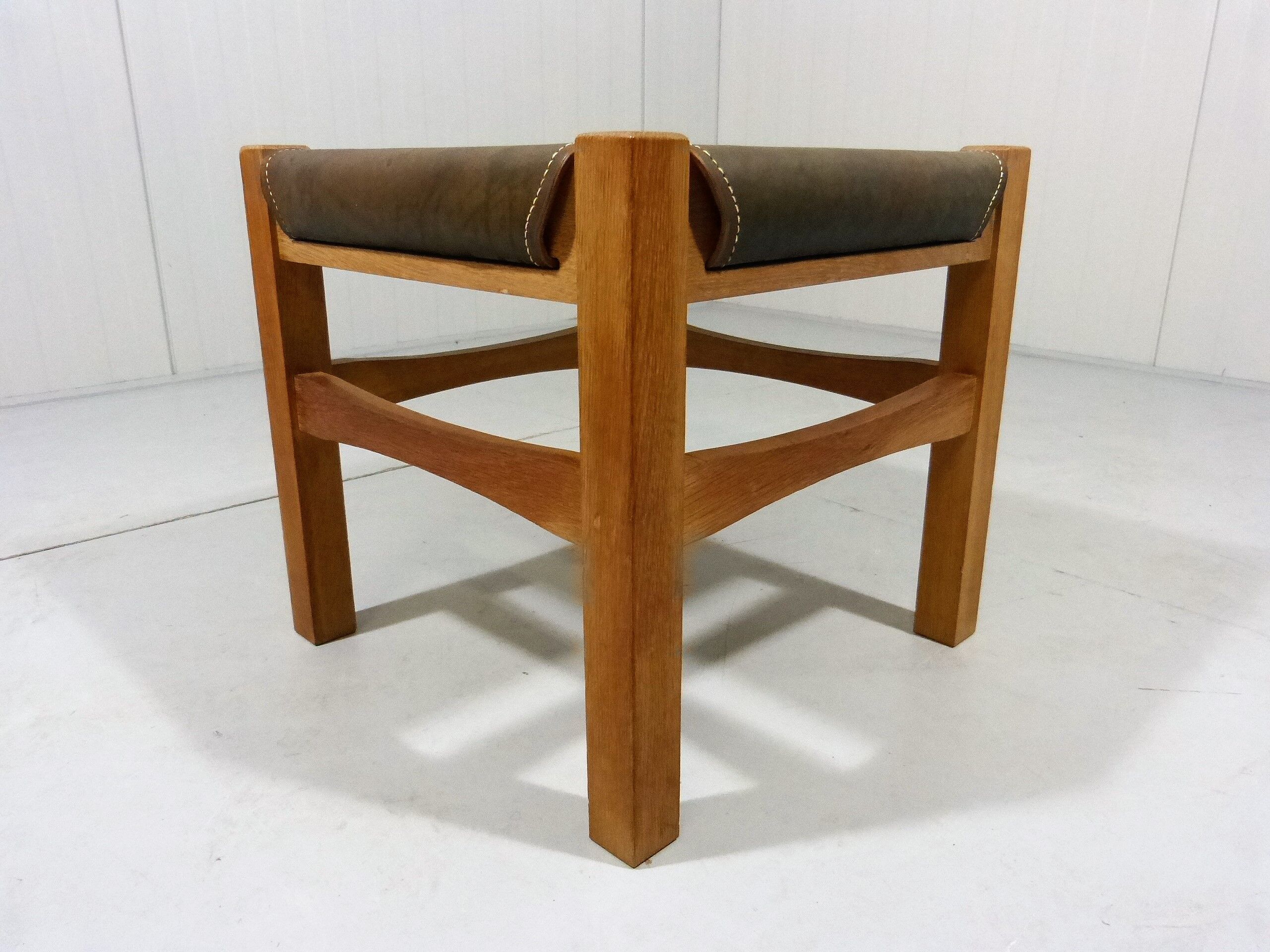 Wooden stool with saddle leather seat, 1970-80’s