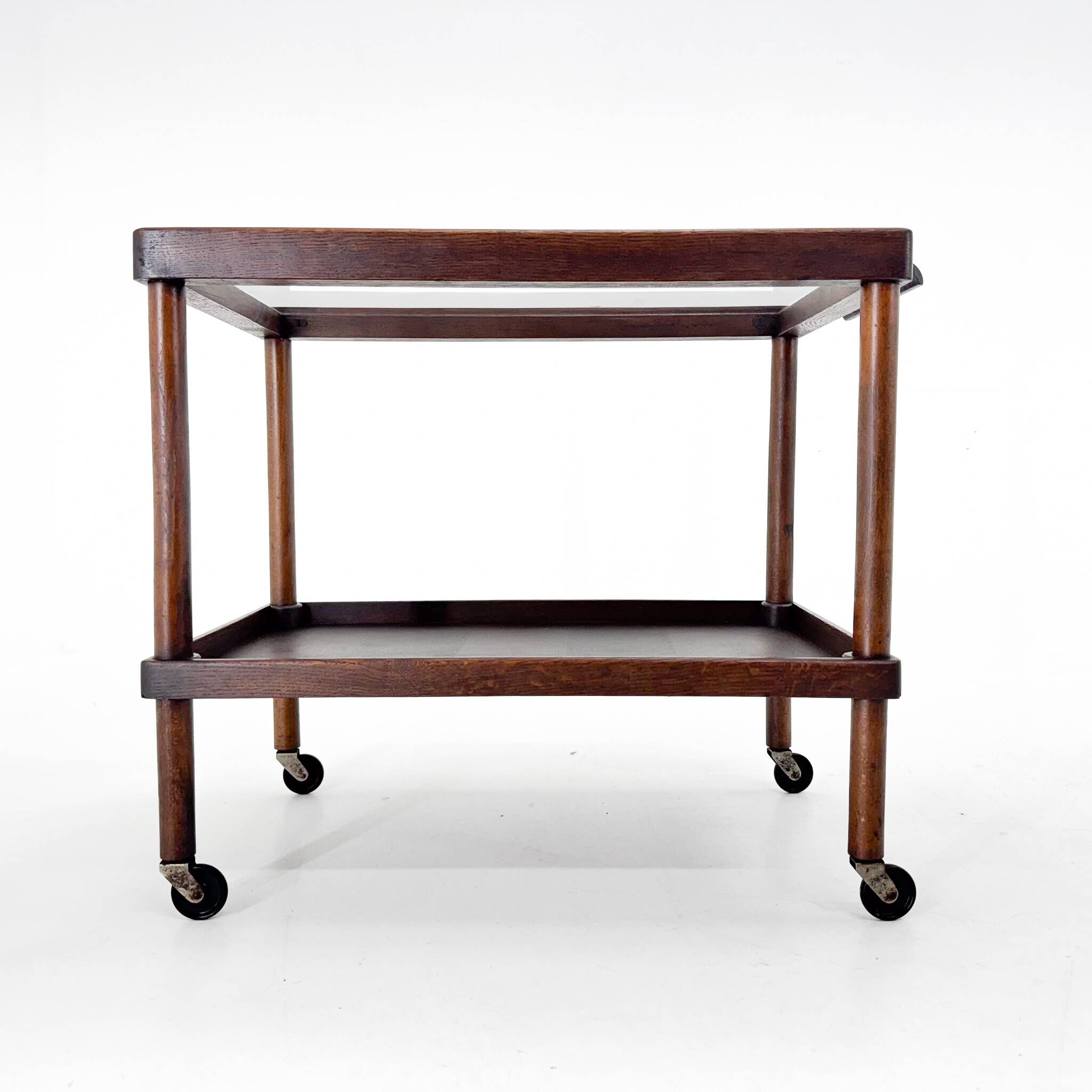 Chariot de Bar Art Déco en Bois avec Plateau en Verre, 1920