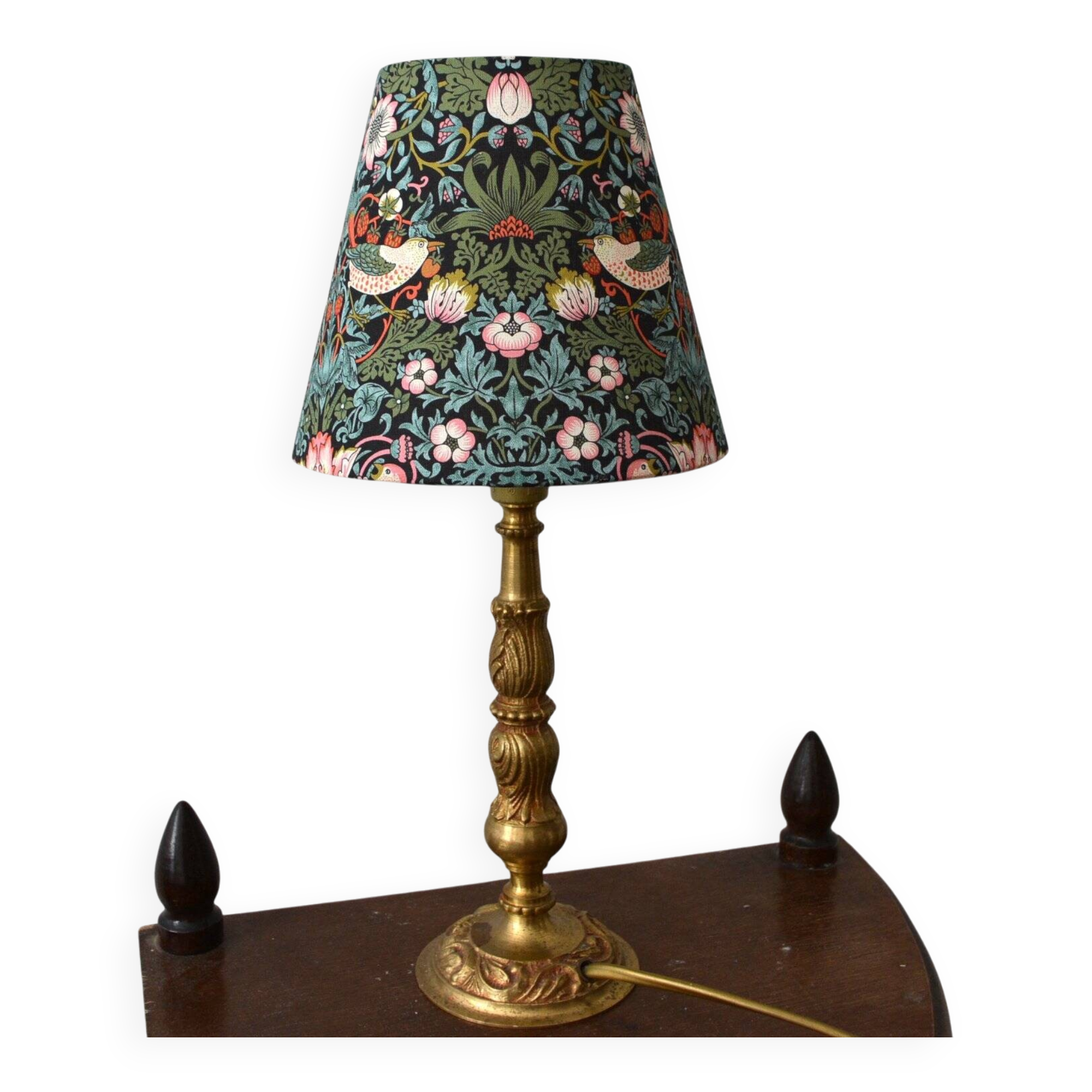 William Morris style lampshade, birds, strawberries, flowers.