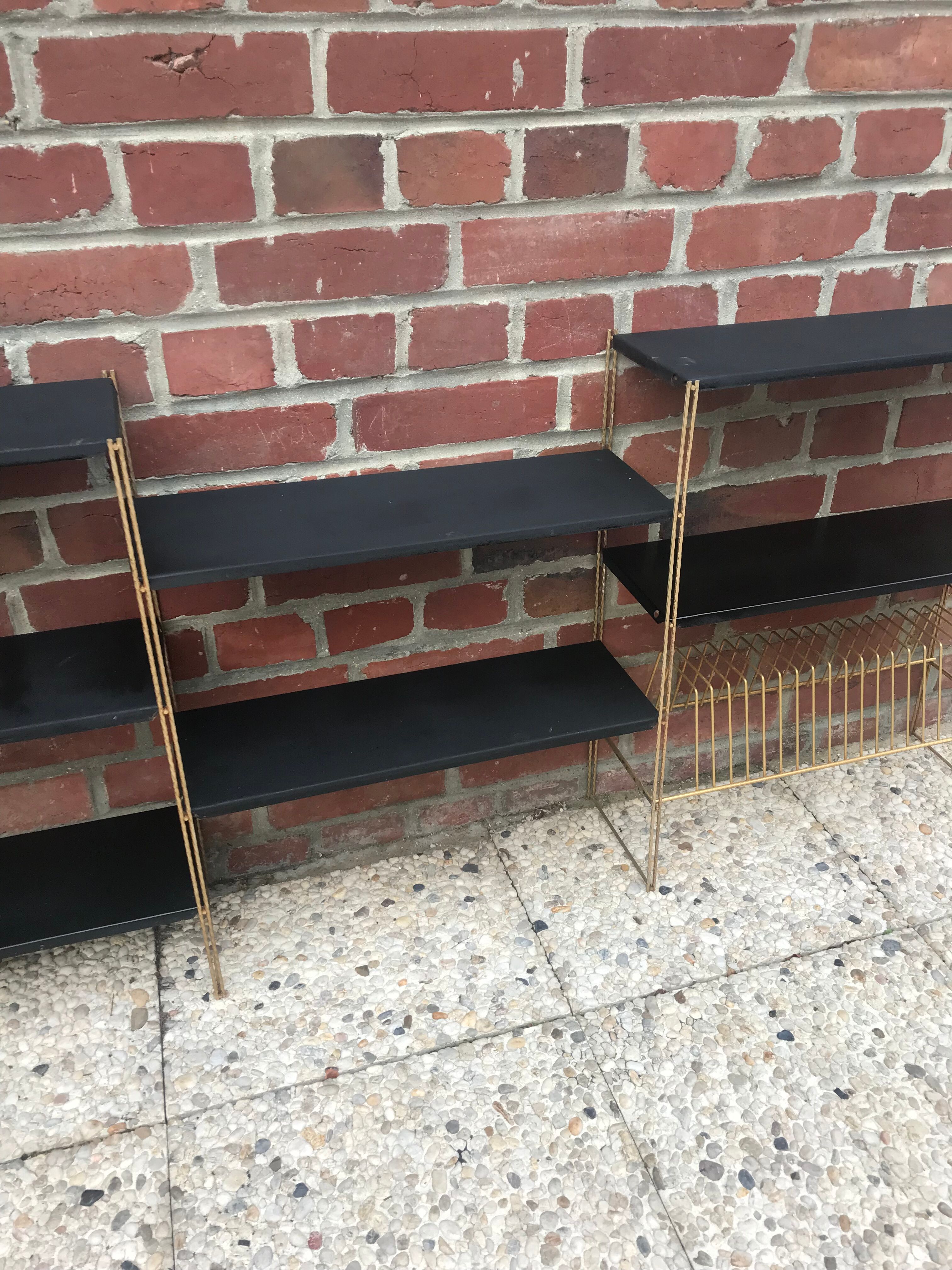 Black and gold metal string shelf with vinyl holder - vintage 1960