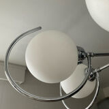 Art Deco chandelier with 6 lights in opaline glass and chrome metal.