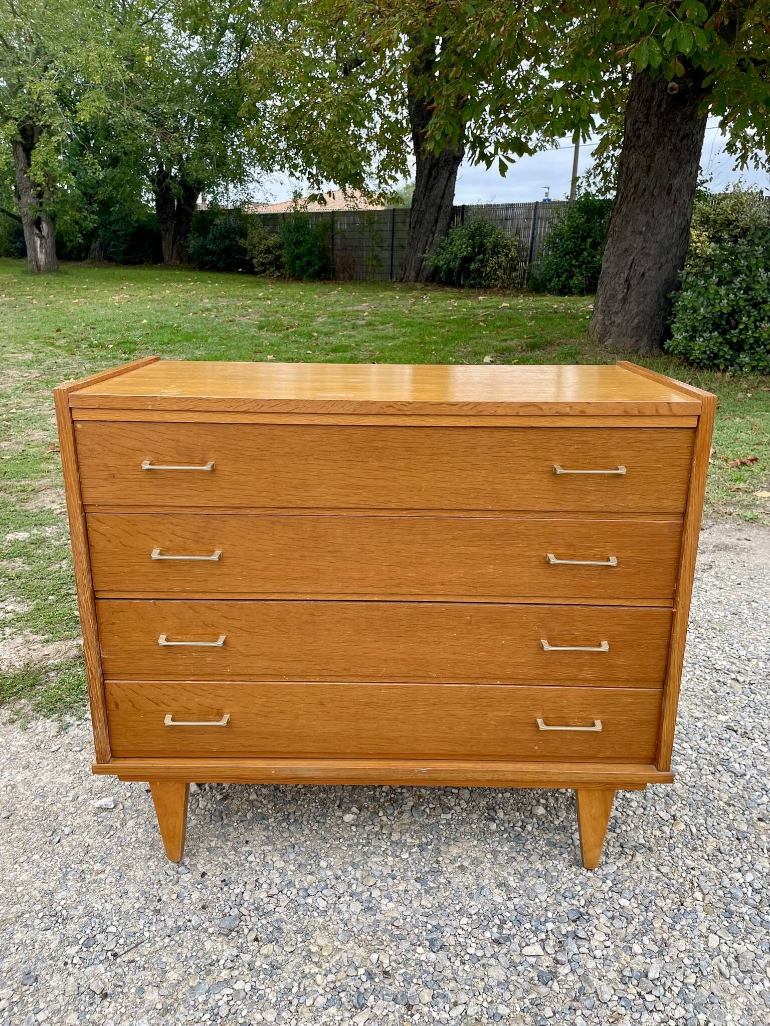 Vintage Mid-Century Scandinavian chest of drawers with tapered legs, 4 drawers, Oak, 1950s.