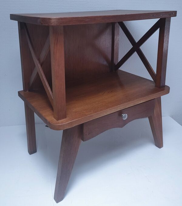 table chevet bois croisillons pieds compas vintage