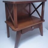 vintage wooden bedside table with crossbars and tapered legs