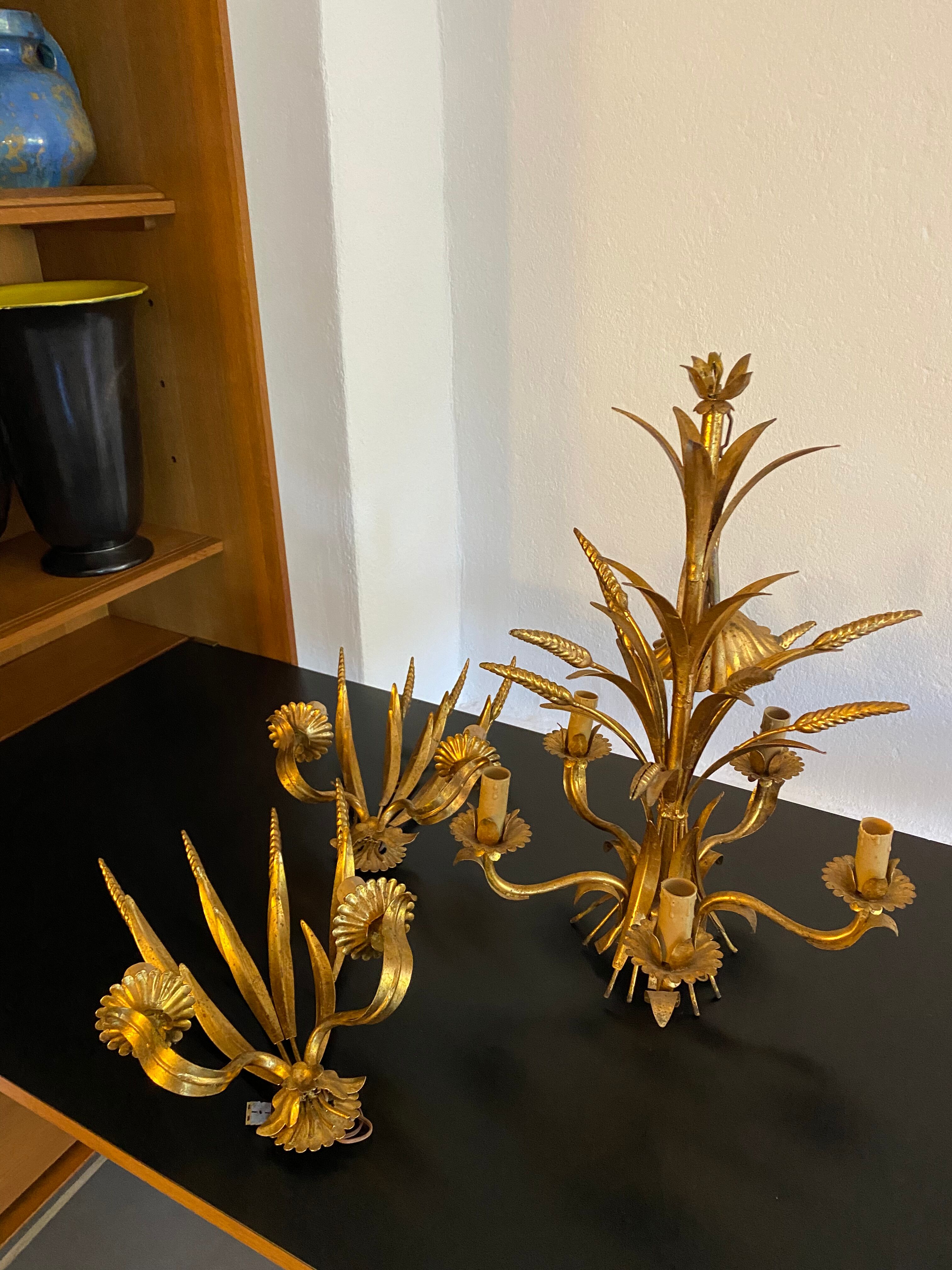 Chandelier and 2 sconces of vintage wheat gold leaf