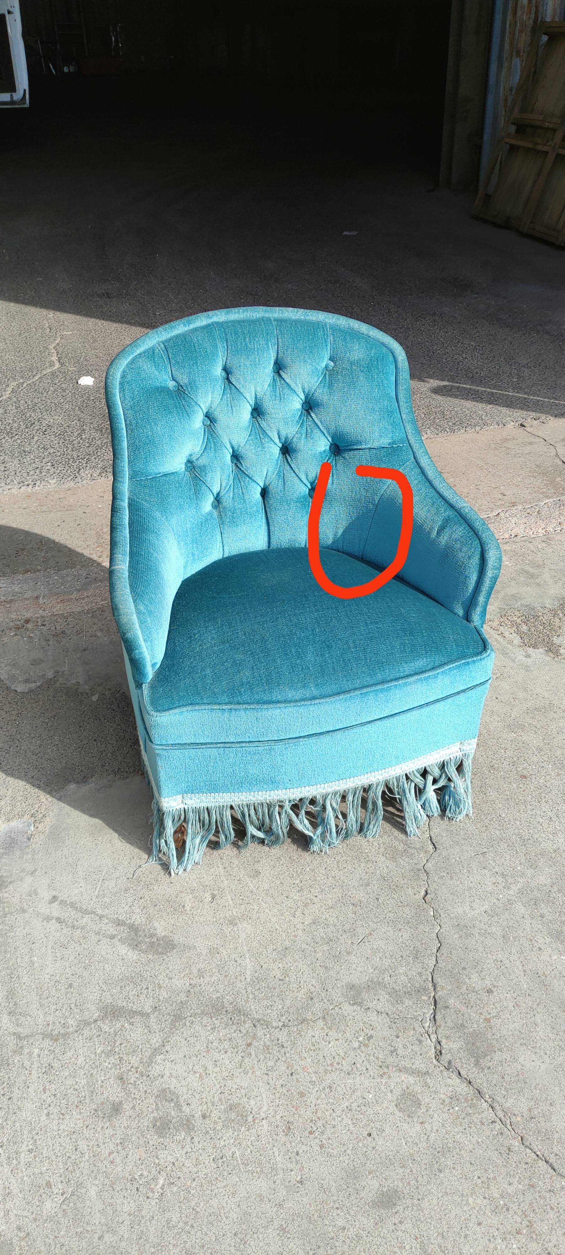 Blue velvet upholstered toad armchair