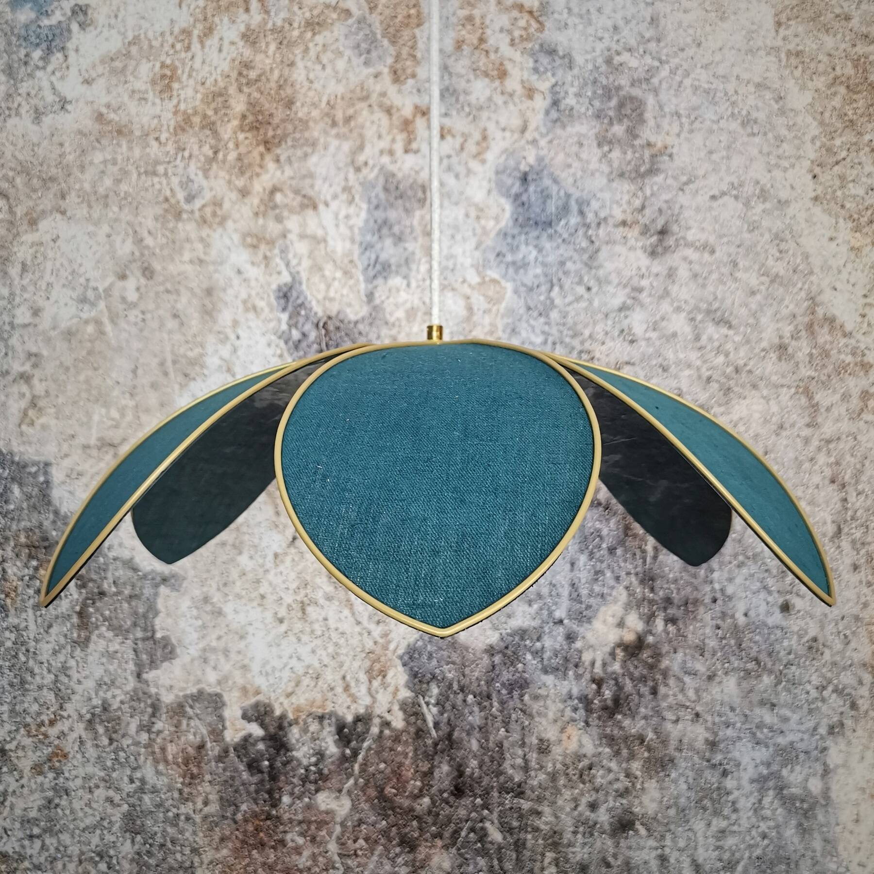 Flower suspension with metal structure and peacock blue linen petals