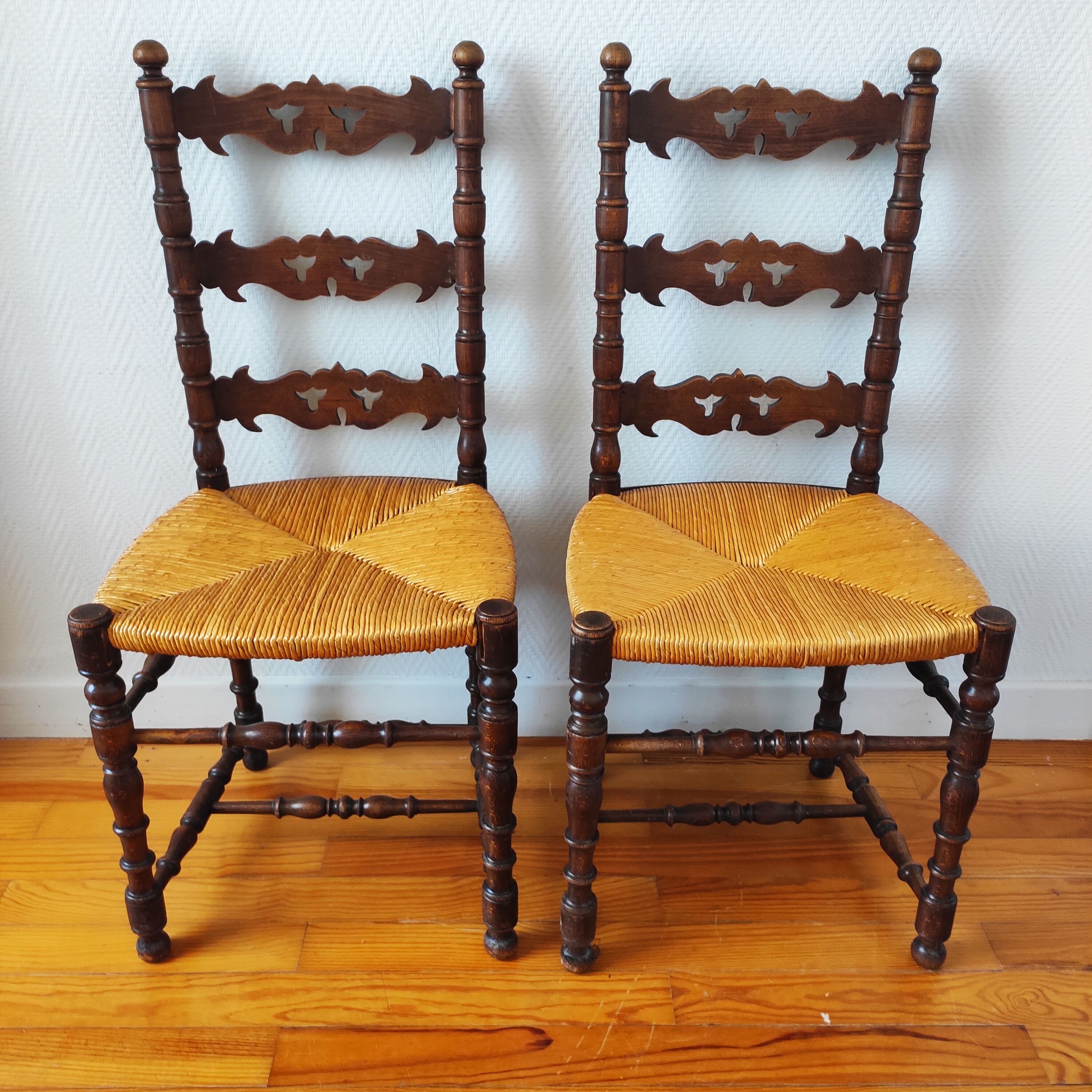 Pair of old turned wood chairs