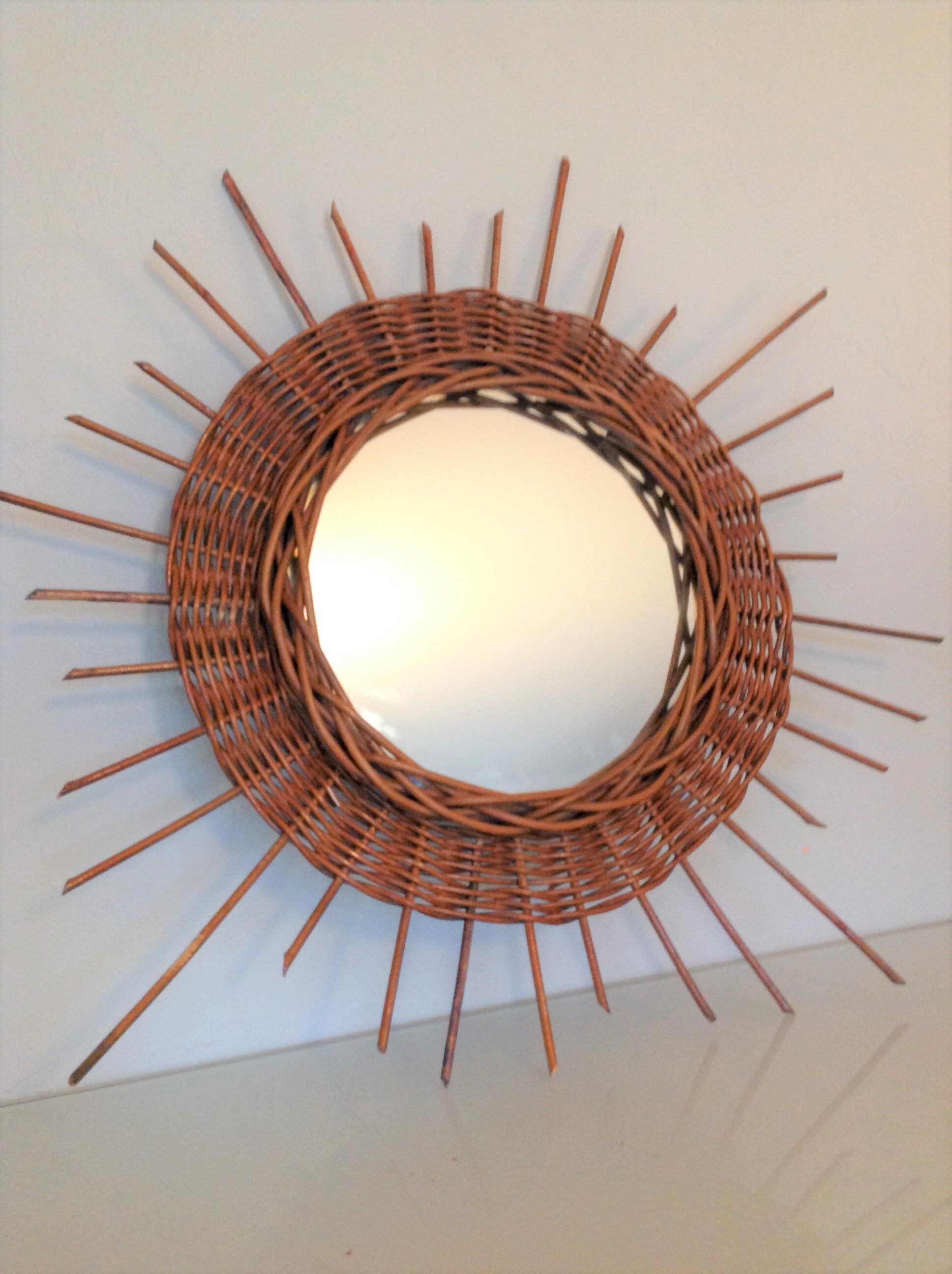 Wicker sun mirror 36 cm/ vintage 60s-70s