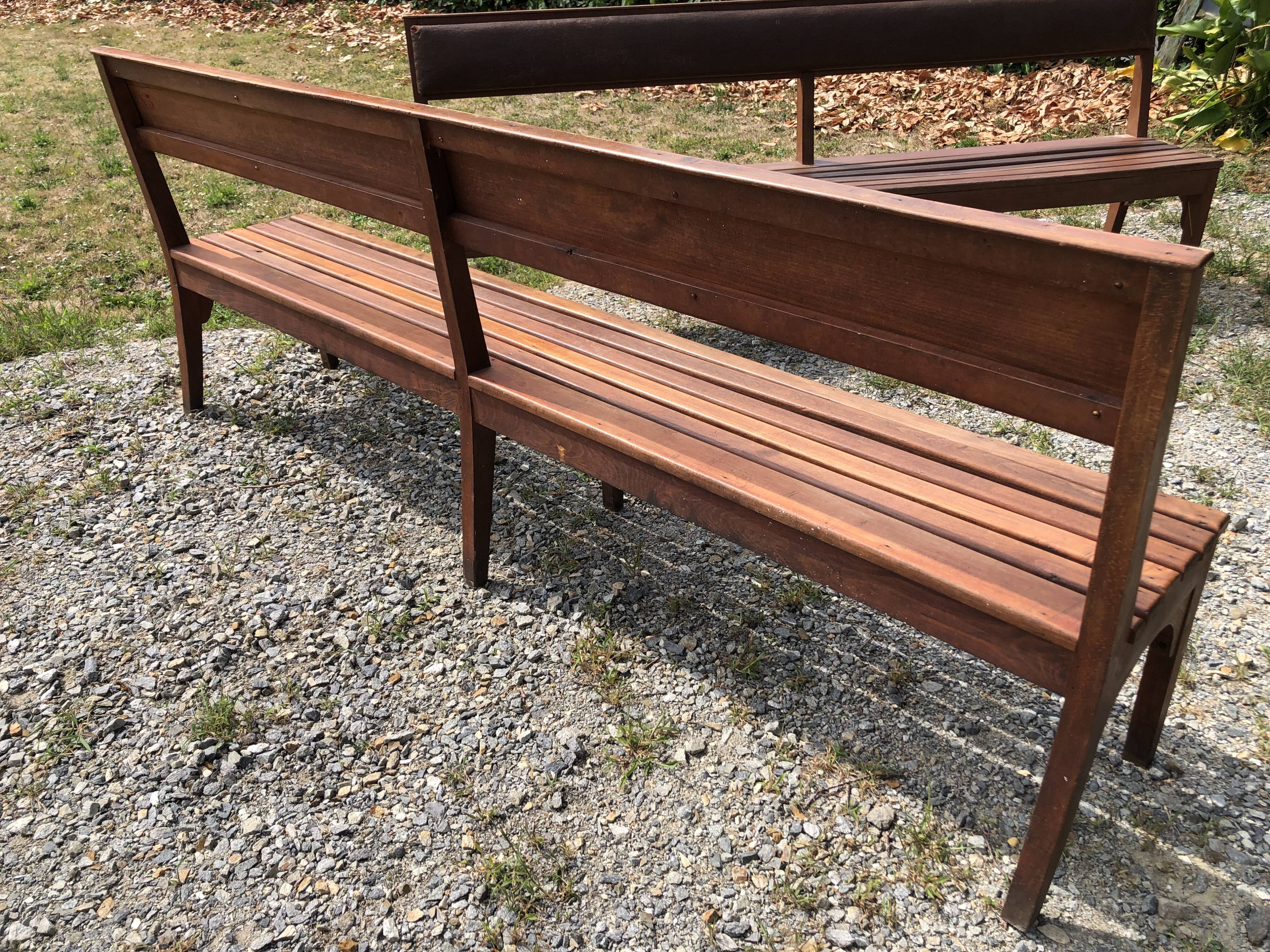 Duo of vintage church benches in solid beech