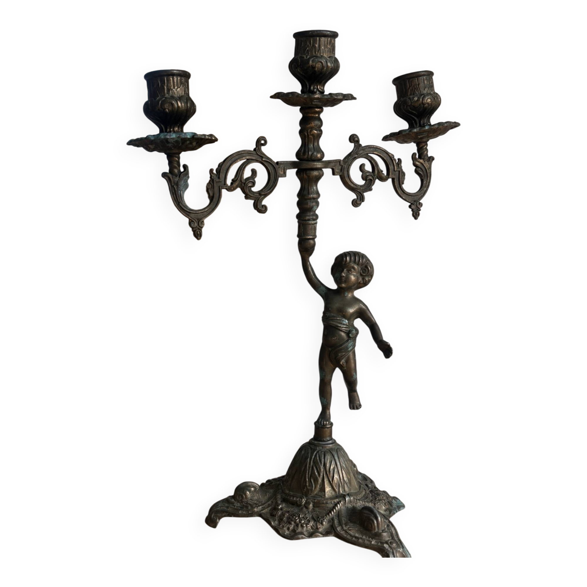 Set of 3 antique three-branch candelabras with cherubs and bronze patina.