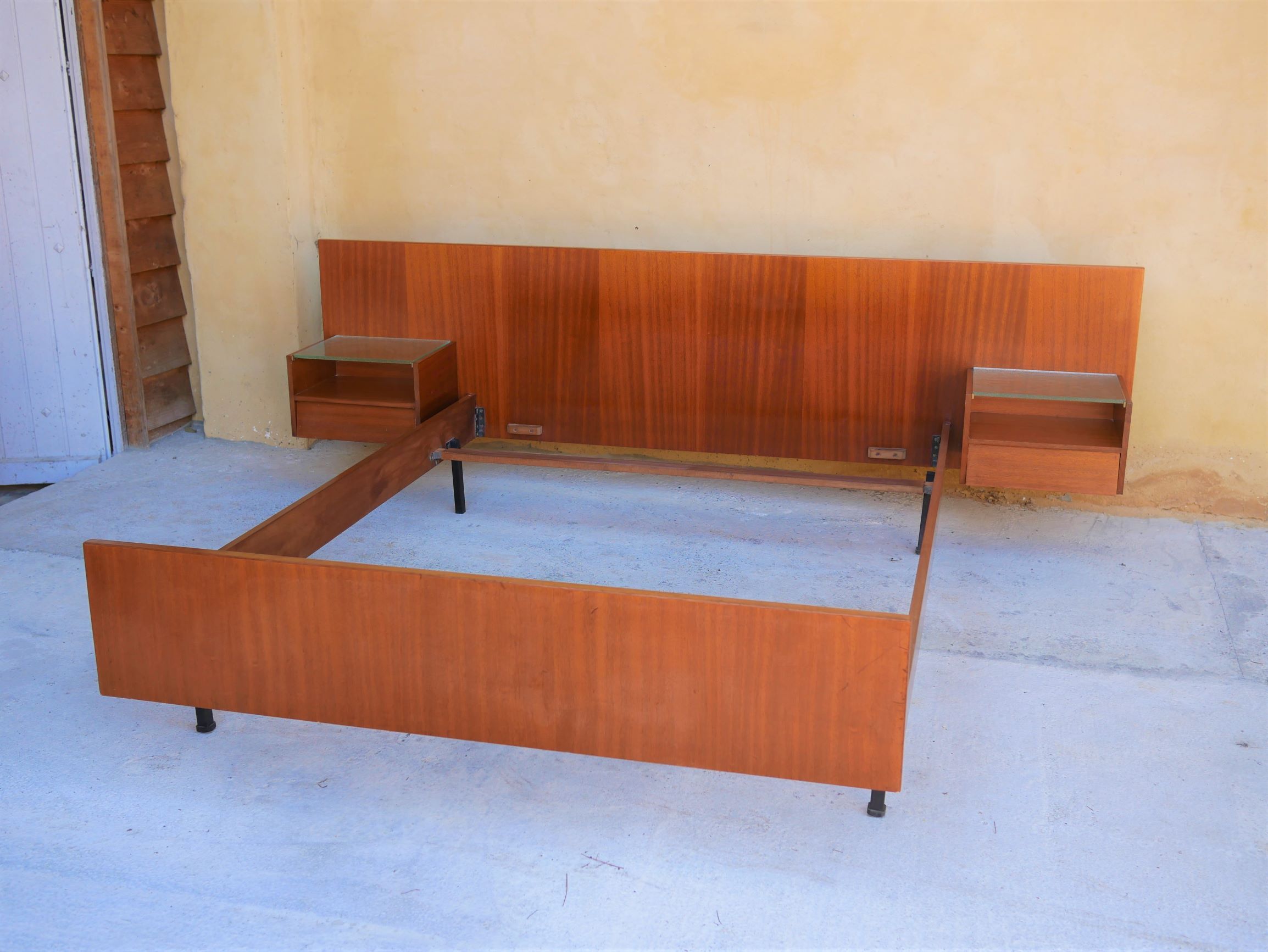 With suspended nightstands vintage teak bed